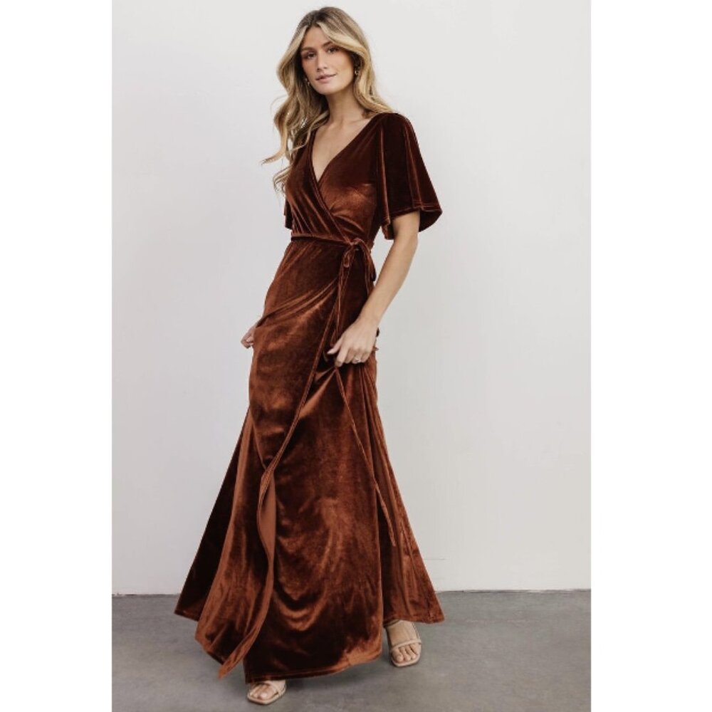 NWT Baltic Born Meghan Velvet Wrap Maxi Dress Bronze Brown Women's Small